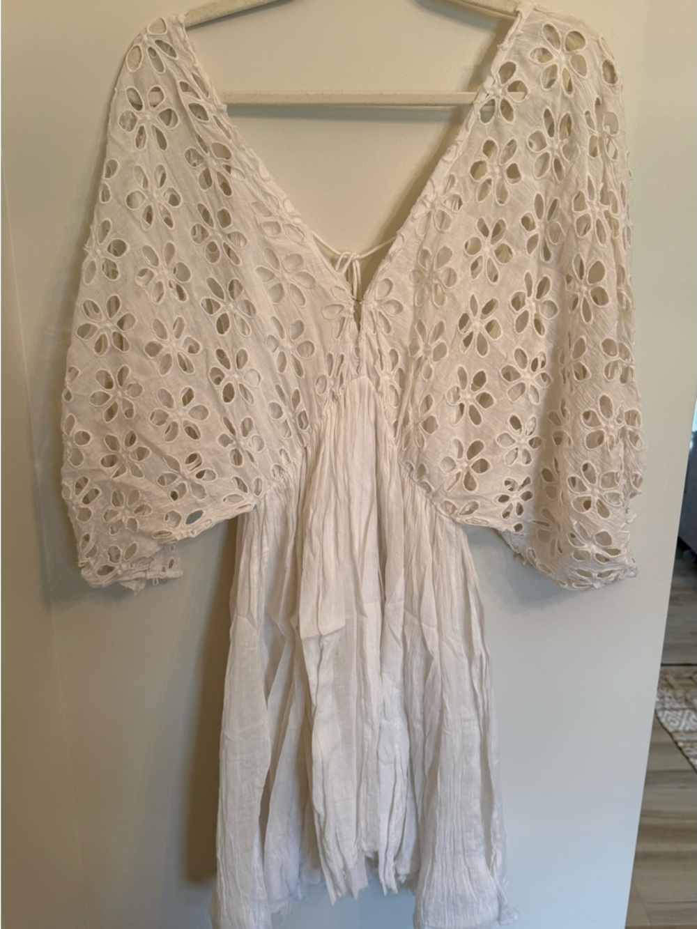 White Eyelet Puff Sleeve Mini Dress - V-Neck Tie Back